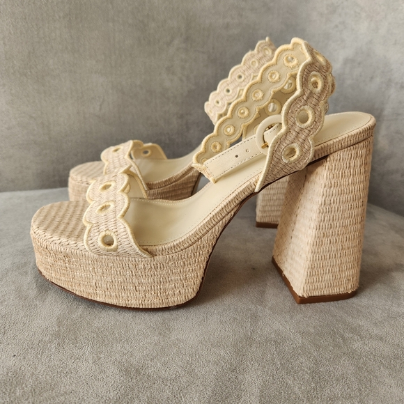 Larroude platform sandals 9.5 cream raffia Dolly Broderie chunky heels new $330 - Picture 6 of 17